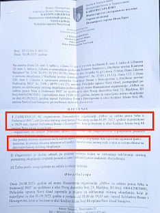 ФБиХ - Одбор за заштиту права Срба - документ о забрани окупљања