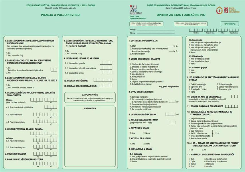 ПОДГОРИЦА, 14. ОКТОБРА /СРНА/ - Управа за статистику Црне Горе /Монстат/ објавила је упитнике за попис становништва, домаћинстава и станова на црногорском језику - на латиници и ћирилици, као и на језицима у службеној употреби - српском, босанском, албанском и хрватском.