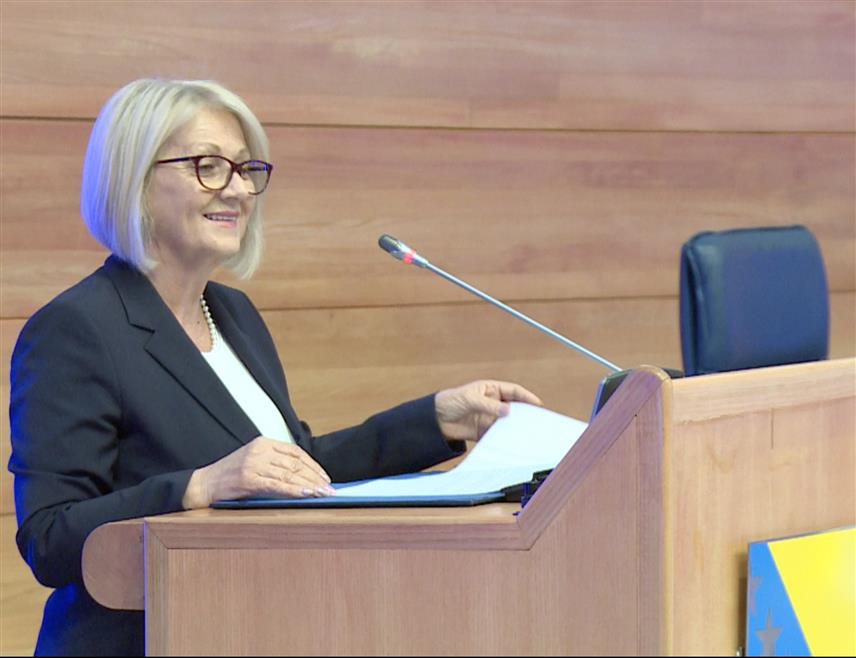 САРАЈЕВО, 4. ОКТОБРА /СРНА/ - Предсједавајућа Савјета министара Борјана Кришто током обраћања на отварању Шестог дигиталног самита западног Балкана.