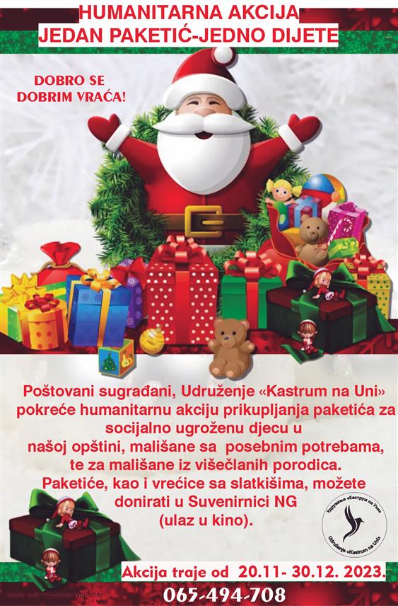 НОВИ ГРАД, 20. НОВЕМБРА /СРНА/ - У Новом Граду данас је почела хуманитарна акција "Један пакетић - једно дијете" коју организује Удружење "Каструм на Уни".