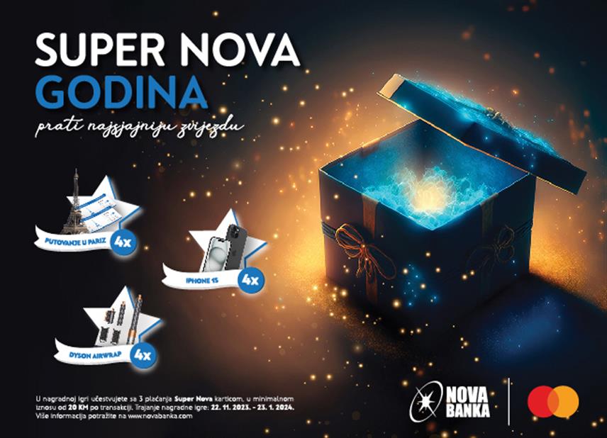 БАЊАЛУКА, 22. НОВЕМБРА /СРНА/ - Нова банка организује наградну игру за све кориснике дебитних и кредитних картица "мастеркард ворлд супер нова" која је почела данас и трајаће до 23. јануара, а у оквиру које је предвиђено и наградно путовање у Париз.	
