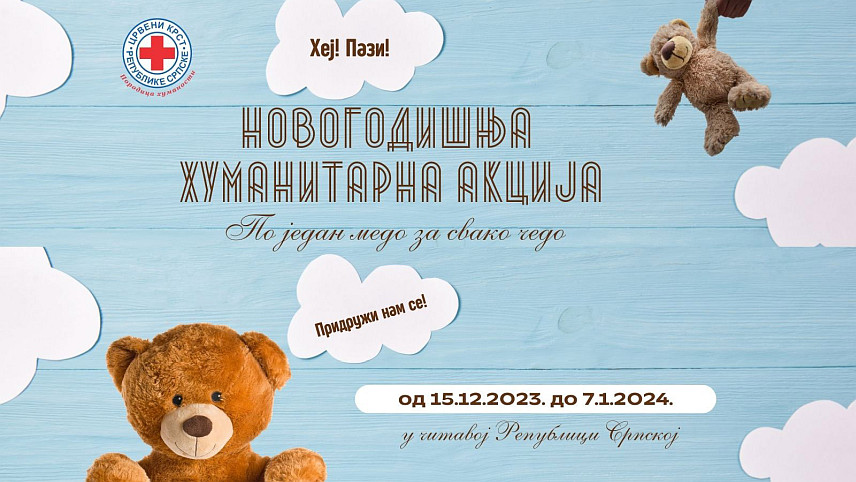 ПАЛЕ, 12. ДЕЦЕМБРА /СРНА/ - Црвени крст Републике Српске организоваће од 15. децембра до 7. јануара велику хуманитарну акцију с циљем прикупљања плишаних играчака и слаткиша.
