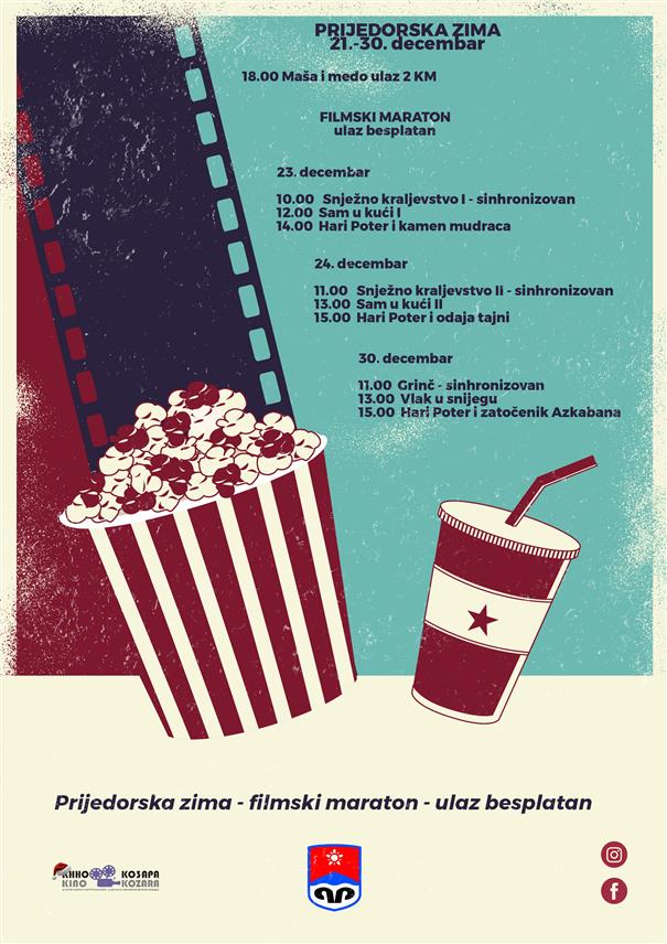ПРИЈЕДОР, 19. ДЕЦЕМБРА /СРНА/ - У оквиру Приједорске зиме 2023. кино "Козара" организује бесплатан филмски маратон за дјецу, као и редован репертоар за најмлађе по цијени улазница мањој за 50 одсто.
