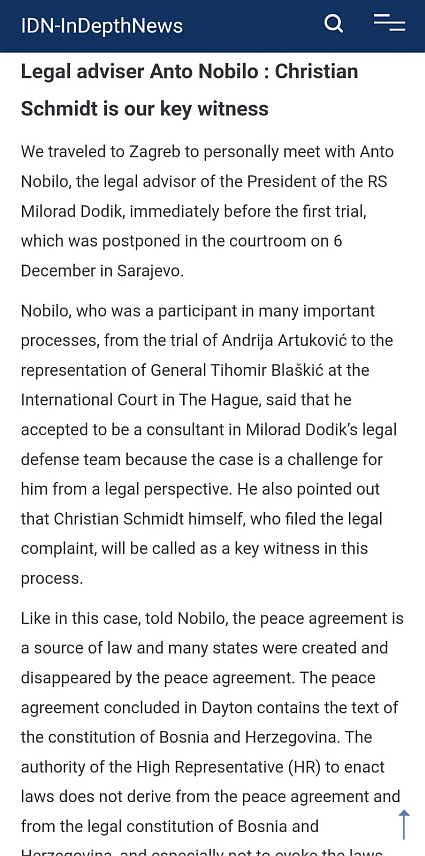 БЕЧ, 30. ДЕЦЕМБРА /СРНА/ - Кривични поступак против предсједника Републике Српске Милорада Додика је добра прилика да се преиспита улога међународне заједнице у БиХ, изјавио је Анто Нобило, правни савјетник предсједника Републике, те оцијенио да је недоговорно нападати човјека који има демократски изборни легитимитет.