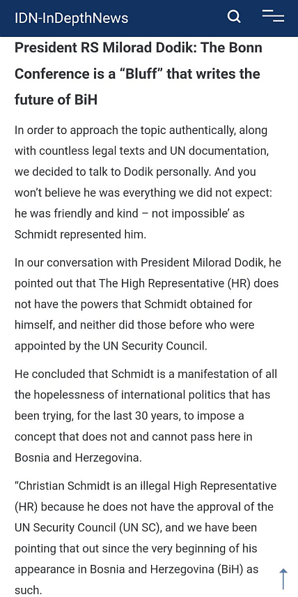 БЕЧ, 30. ДЕЦЕМБРА /СРНА/ - Предсједник Републике Српске Милорад Додик истакао је да је Кристијан Шмит манифестација свег безнађа међународне политике која посљедњих 30 година покушава да наметне концепт који не пролази и не може проћи у БиХ.