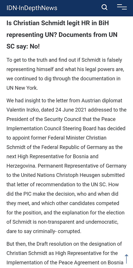 БЕЧ, 30. ДЕЦЕМБРА /СРНА/ - Документи Савјета безбједности УН кажу да Кристијан Шмит није легитимни високи представник, пише "Индепт њуз" /ИДН/, водећа агенција непрофитног Међународног синдиката медија.