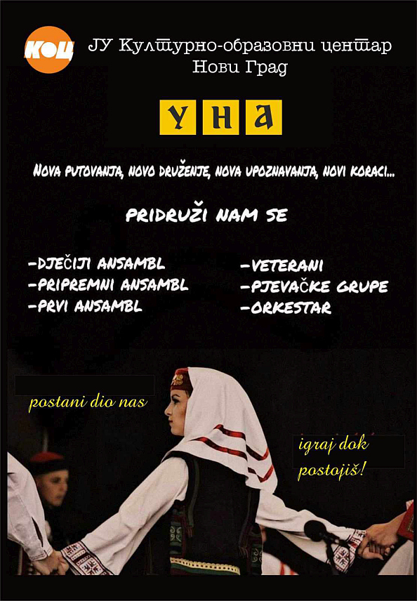 НОВИ ГРАД, 14. СЕПТЕМБРА /СРНА/ - Културно-умјетничко друштво /КУД/ "Уна" Нови Град у саставу Културно-образовног центра окупља 220 чланова, а у току је упис свих заинтересованих да на овај начин очувају традицију и културу.