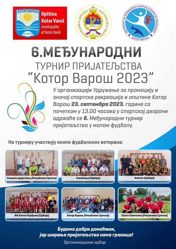 КОТОР ВАРОШ, 21. СЕПТЕМБРА /СРНА/ – Котор Варош ће у суботу 23. септембра бити домаћин престижног турнира фудбалских ветерана на којем ће учествовати екипе из Србије и Републике Српске.