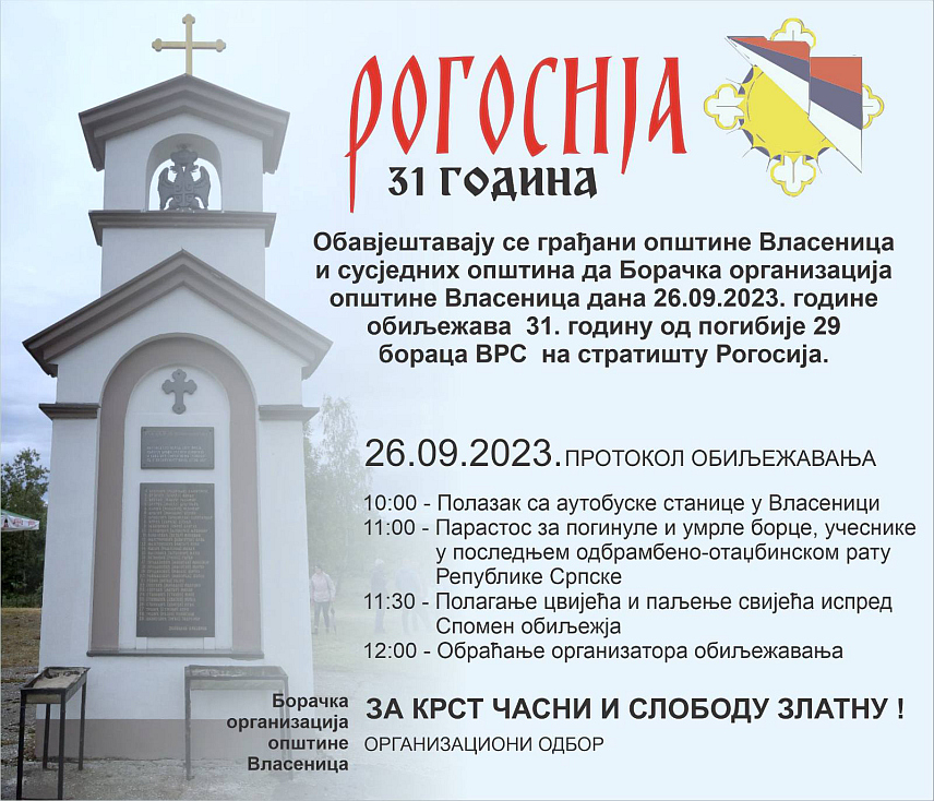 ВЛАСЕНИЦА, 24. СЕПTЕМБРА /СРНА/ - Борачка организација општине Власеница обиљежиће у уторак, 26. септембра, 31 годину од страдања 29 бораца Војске Републике Српске на стратишту Рогосија за које до данас нико није одговарао, рекао је Срни предсједник власеничке Борачке организације Миле Симанић.