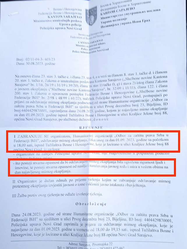ИСТОЧНО САРАЈЕВО, 3. СЕПТЕМБРА /СРНА/- Одбор за заштиту права Срба у Федерацији БиХ захвалио се свим Србима који су у петак дошли на ентитетску границу да покажу да постоји граница између правде и неправде, и да протествују против неправедних оптужница против носилаца јавних функција у Републици Српској.