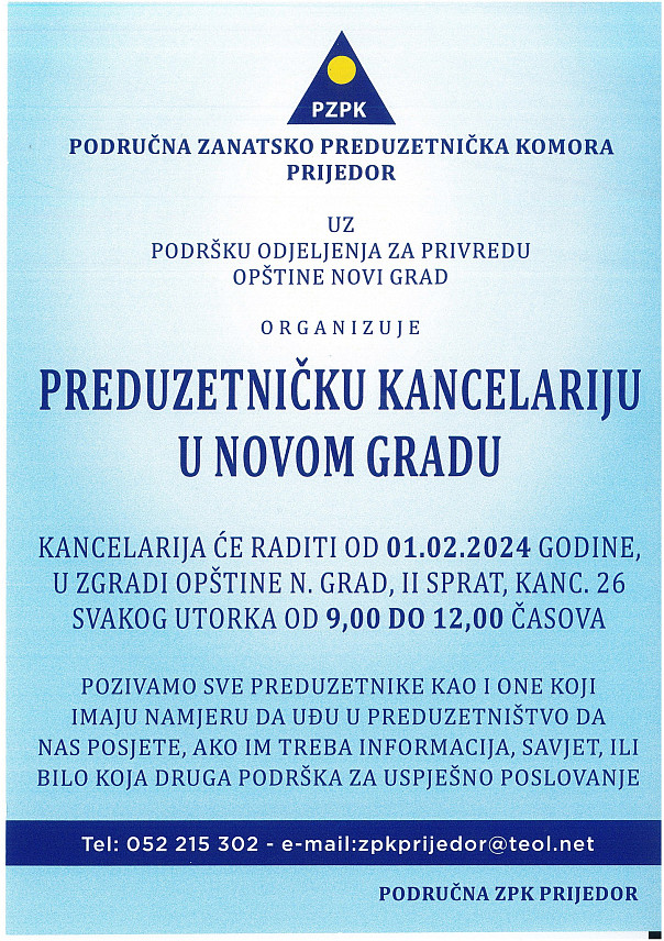 НОВИ ГРАД, 29. ФЕБРУАРА /СРНА/ - Предузетничка канцеларија у Новом Граду почеће да ради 1. фебруара у згради Општинске управе.