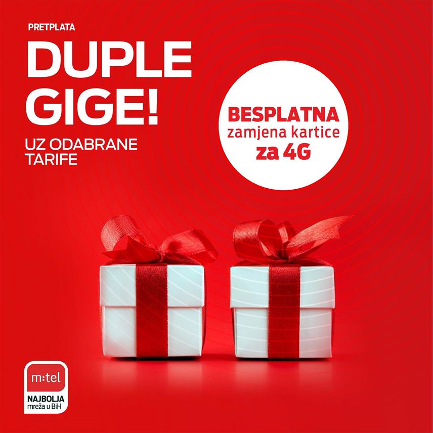 БАЊАЛУКА, 4. ЈАНУАРА /СРНА/ - Компанија "М:тел" својим корисницима нуди опцију тарифе "претплата плус" са 10 гигабајта интернета, "плус нет" или "претплата топ" са 50 гигабајта, "претплата макс" са 100 гигабајта или "претплата премијум" са чак 200 гигабајта бонус интернета у оквиру мјесечне претплате.