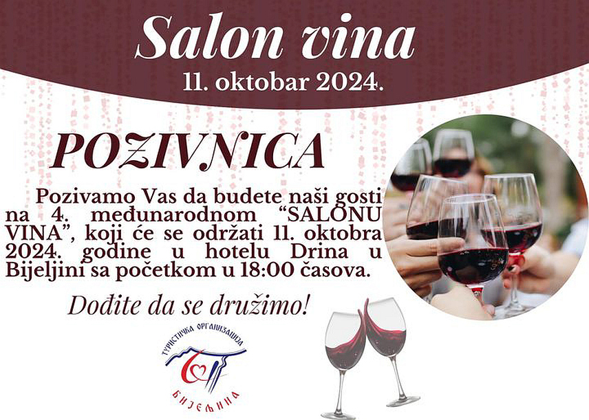 БИЈЕЉИНА, 10. ОКТОБРА /СРНА/ - "Салон вина" који ће сутра бити отворен у Бијељини представиће 26 винарија из Србије, Сјеверне Македоније, Црне Горе и Републике Српске.