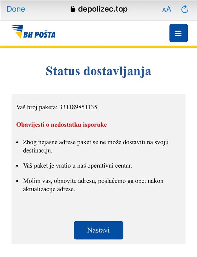 БАЊАЛУКА, 17. ОКТОБРА /СРНА/ - Министарство унутрашњих послова /МУП/ Републике Српске упозорава на нови облик интернет преваре у којој преваранти шаљу СМС поруке у којима се лажно представљају као "БХ Пошта", тражећи од корисника да ажурирају своје податке како би преузели наводну пошиљку или поруџбину.