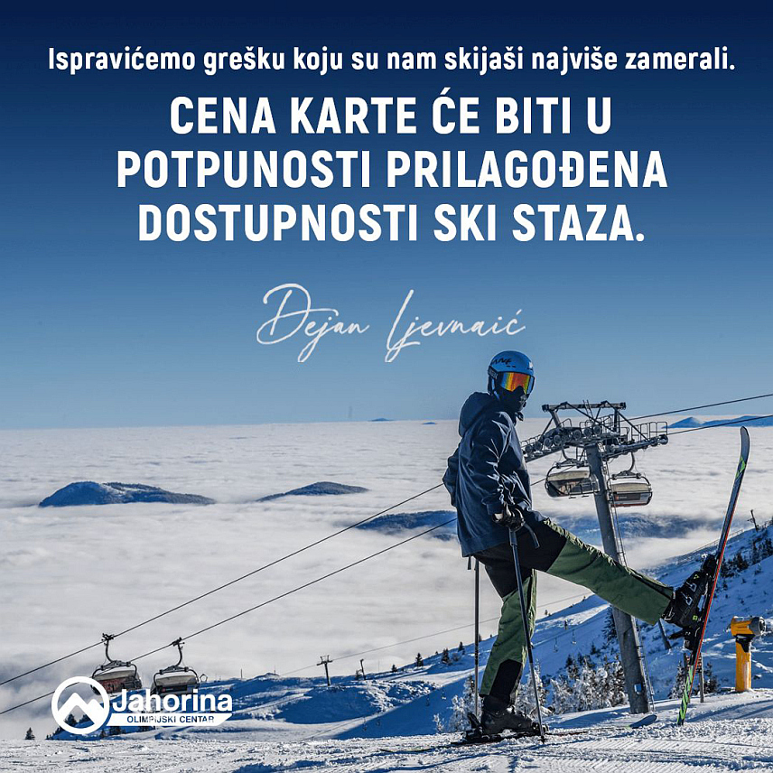 ЈАХОРИНА, 19. ОКТОБРА /СРНА/ - Директор Олимпијског центра /ОЦ/ "Јахорина" Дејан Љевнаић рекао је да ће пред нову зимску сезону исправити грешку коју су им скијаши највише замјерали, тако да ће цијена ски-карата бити у потпуности прилагођена доступности ски-стаза.