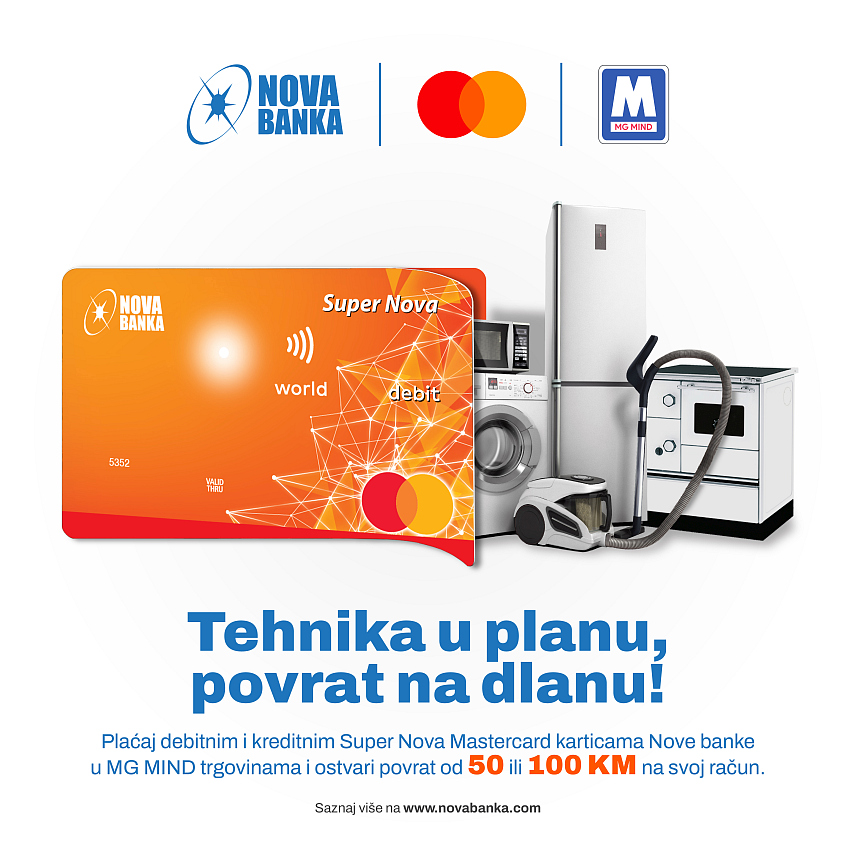 БАЊАЛУКА, 21. ОКТОБРА /СРНА/ - Нова банка почела је данас промотивну кампању "Техника у плану, поврат на длану" у оквиру које корисницима Супер нове мастер картице врши поврат новца приликом куповине производа у малопродајним пословницама предузећа "МГ Минд".