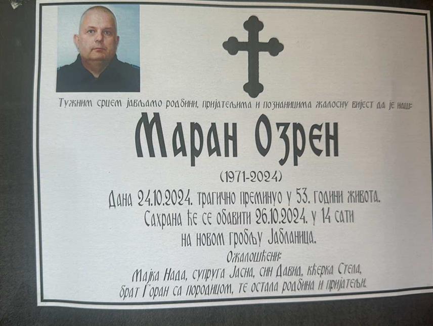 НОВИ ГРАД, 25. ОКТОБРА /СРНА/ - Полицајац Озрен Маран из Новог Града, који је убијен приликом терористичког напада на полицијску станицу у Босанској Крупи, биће сахрањен сутра на новом градском гробљу у насељу Јабланица.
