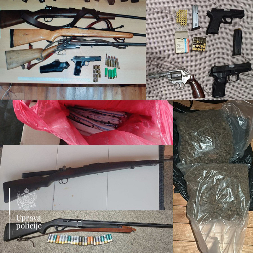 ПОДГОРИЦА, 25. ОКТОБРА /СРНА/ - Црногорска полиција у више градова одузела око два килограма марихуане, девет килограма експлозива, пушаке, пиштољи, револвер, стартни пиштољ, муницију и четири возила.