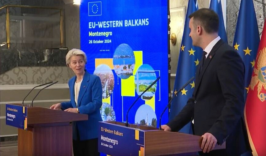 ПОДГОРИЦА, 26. ОКТОБРА /СРНА/ - Предсједник Европске комисије Урсула фон дер Лајен, која борави у Црној Гори, на конференцији за новинаре са црногорским премијером Милојком Спајићем.