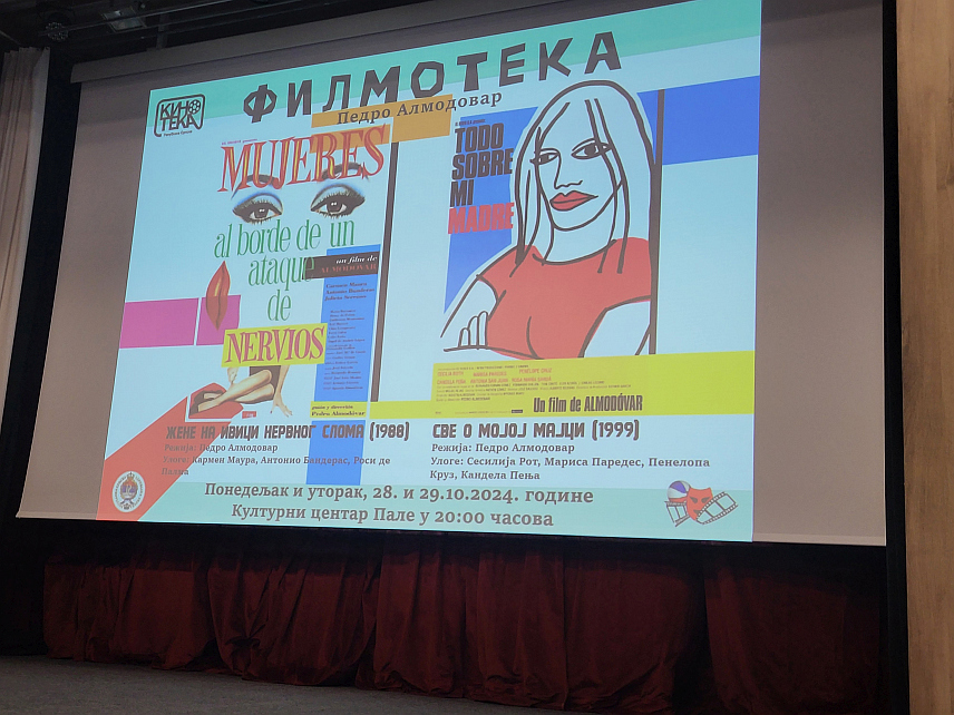 ПАЛЕ, 28. ОКТОБРА/СРНА/ - Приказивањем филма "Жене на ивици нервног слома" из 1988. године вечерас је на Палама почела "Филмотека" посвећена чувеном шпанском режисеру Педру Алмодовару.	