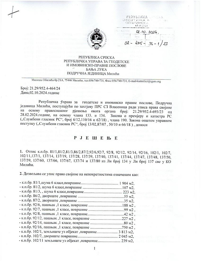 МИЛИЋИ, 3. ОКТОБРА /СРНА/ - Начелник општине Милићи Марко Савић рекао је да је спроведено рјешење Окружног суда у Источном Сарајеву од 19. септембра, којим је окончан поступак по тужби "Боксита" и да је 2. октобра Републичка управа за геодетске и имовинско правне послове донијела рјешење којим је извршен упис свих парцела у вези са градским земљиштем око којих је вођен спор.