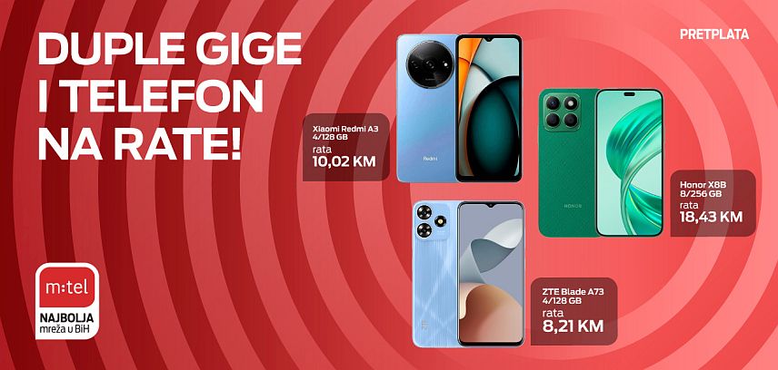 БАЊАЛУКА, 12. НОВЕМБРА /СРНА/ - У новембарској понуди компаније "М:тел" су нови мобилни телефони са дуплим гигама нета "Сијаоми редми А3" са мјесечном ратом 10,02 КМ, као и "ЗTЕ блејд А73" са главом камером од 50 мегапиксела за који је мјесечна рата 8,21 КМ.