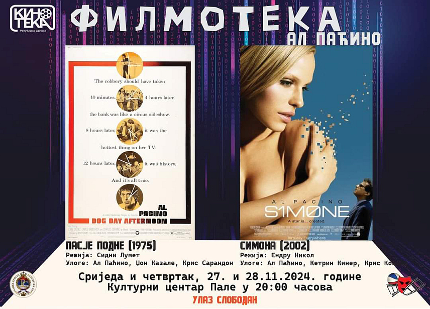 ПАЛЕ, 25. НОВЕМБРА/СРНА/ - Кинотека Републике Српске приказаће на Палама у сриједу и четвртак, 27. и 28. новембра, "Филмотеку" посвећену чувеном америчком глумцу Ал Паћину.