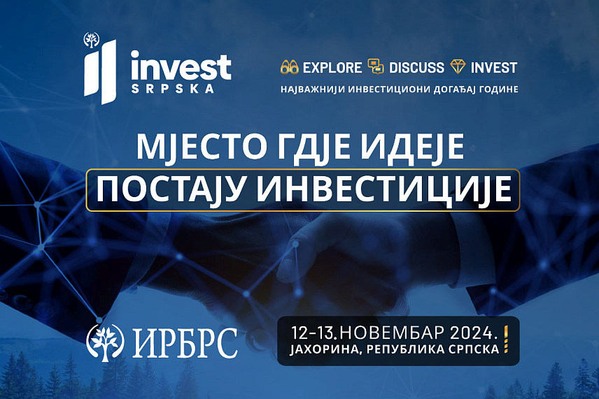 БАЊАЛУКА, 7. НОВЕМБРА /СРНА/ - Инвестиционо-развојна банка Републике Српске у сарадњи са Владом Републике Српске и уз подршку предсједника Републике Српске Милорада Додика организује 12. и 13. новембра у хотелском комплексу "Термаг" на Јахорини "Инвест Српска 2024", догађај који ће ове године објединити инвестициону конференцију и инвестициони форум.