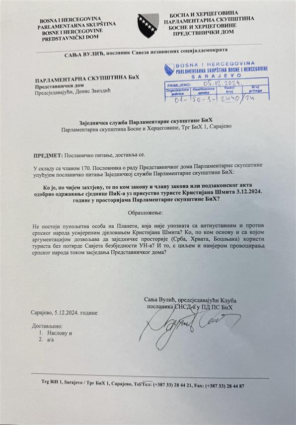САРАЈЕВО, 5. ДЕЦЕМБРА /СРНА/ - Шеф Клуба посланика СНСД-а у Представничком дому Парламентарне скупштине БиХ Сања Вулић упутила је посланичко питање ко је, по чијем захтјеву, по ком закону и члану закона или подзаконског акта одобрио одржавање сједнице Савјета за провођење мира /ПИК/ у просторијама Парламентарне скупштине којој је присуствовао и туриста Кристијан Шмит.