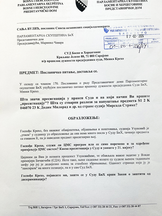 САРАЈЕВО, 12. ФЕБРУАРА /СРНА/ - Шеф Клуба посланика СНСД-а у Представничком дому Парламентарне скупштине БиХ Сања Вулић упитала је вршиоца дужности предсједника Суда БиХ Минку Крехо шта значи "пресигнација" у пракси Суда и на који начин се врши и шта су стварни разлози за напуштање предмета против предсједника Републике Српске Милорада Додика од судије Мирсада Стрике.