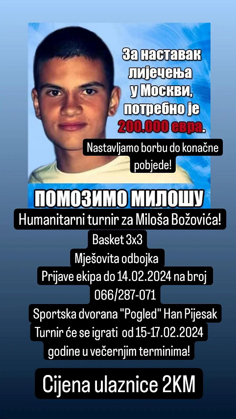 ХАН ПИЈЕСАК, 13. ФЕБРУАРА /СРНА/ - На Хан Пијеску ће од четвртка, 15. фебруара, до суботе, 17. фебруара, бити одржан хуманитарни турнир у баскету /три пута три/, одбојци и стоном тенису, на коме ће бити прикупљена донаторска средства за помоћ у наставку лијечења младог фудбалера Милоша Божовића из Источног Сарајева