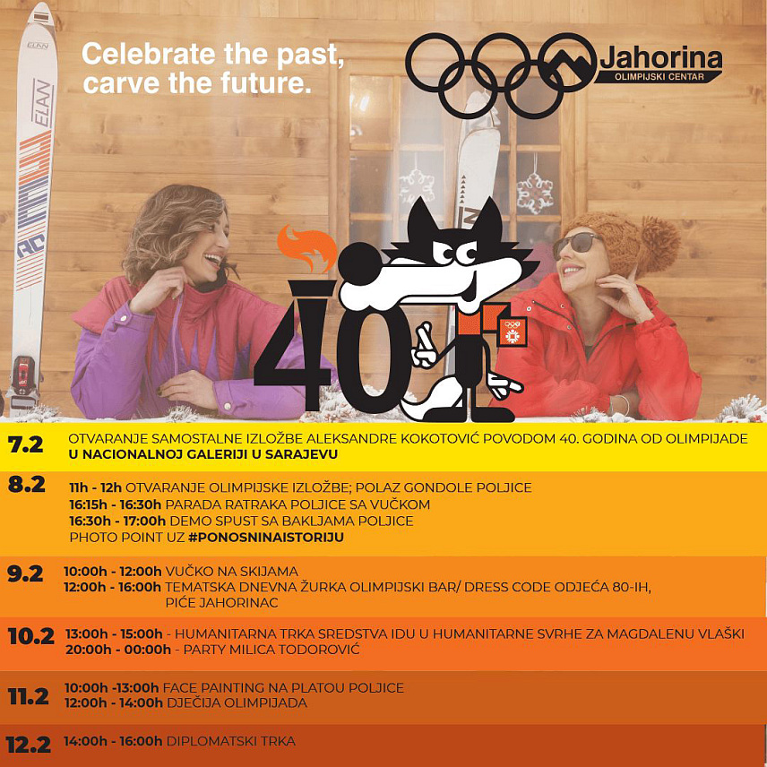 ЈАХОРИНА,3. ФЕБРУАРА/СРНА/ - Олимпијски центар "Јахорина" поводом обиљежавања 40 година од Зимских олимпијских игара у Сарајеву на овој планини од 7. до 12. фебруара припремила је богат културни, образовни и спортски програм који ће дотакнути срца свих генерација од најмлађих до најстаријих скијаша из свих крајева свијета, саопштено је из овог Центра.