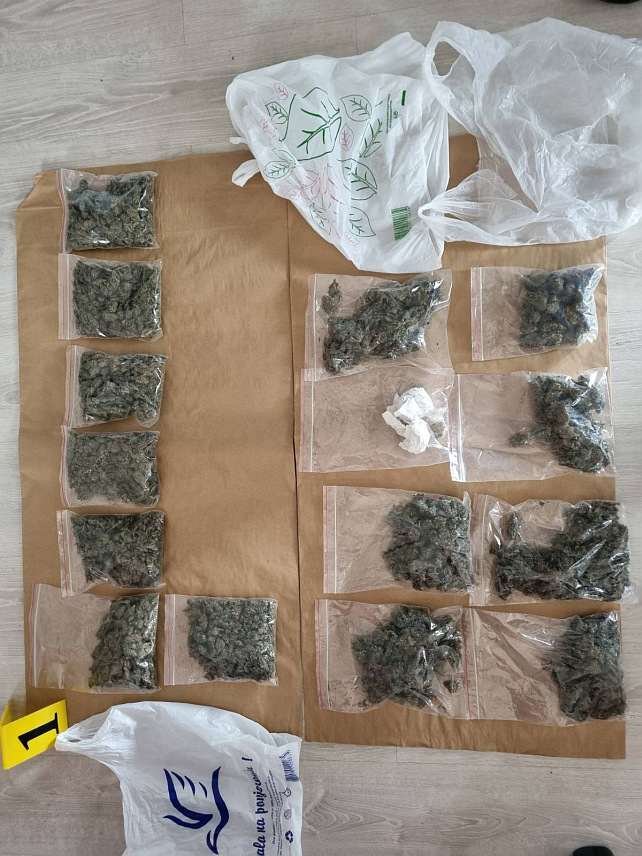 БИЈЕЉИНА, 28. МАРTА /СРНА/ - У полицијском претресу објеката и просторија у Обудовцу код Шамца, које користи лице чији су иницијали Ј.П, пронађено је 837 грама биљне материја која осоцира на дрогу и оружје.