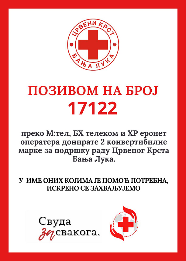 БАЊАЛУКА, 1. АПРИЛА /СРНА/ - За подршку раду бањалучког Црвеног крста грађани у наредних годину дана могу да позивом на хуманитарни број 17122 донирају двије КМ.
