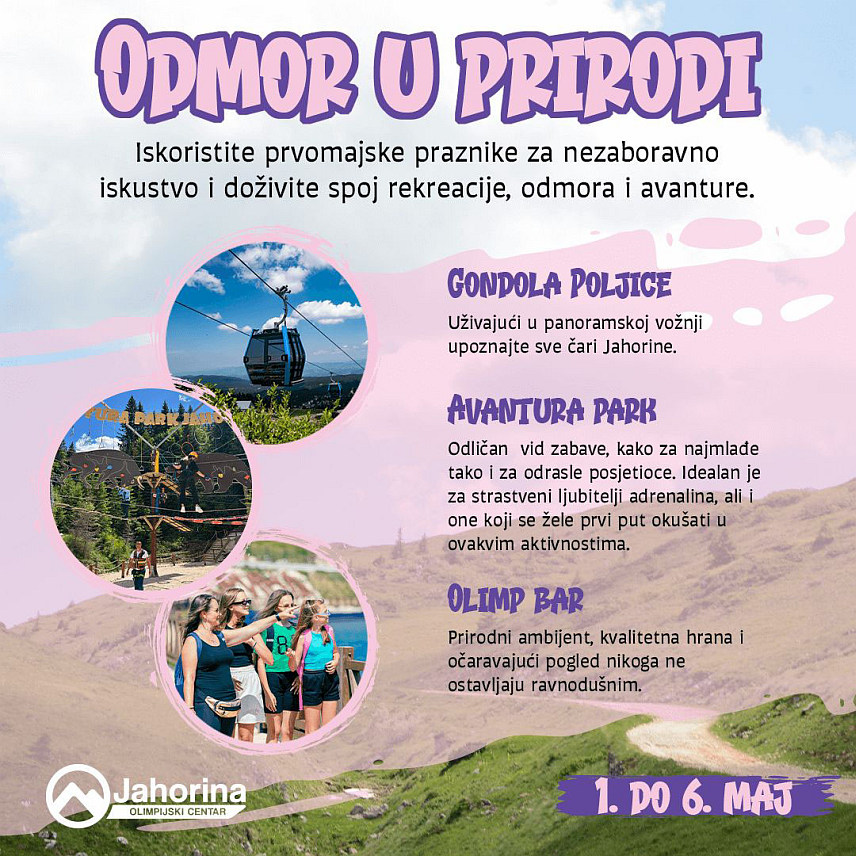 ЈАХОРИНА, 23. АПРИЛА /СРНА/ - Јахорина се спрема да засија у пуном сјају, а од сриједе до понедјељка, од 1. до 6. маја, отвара своја врата за незаборавну авантуру пружајући прилику посјетиоцима да уживају у свим чарима које планина нуди.