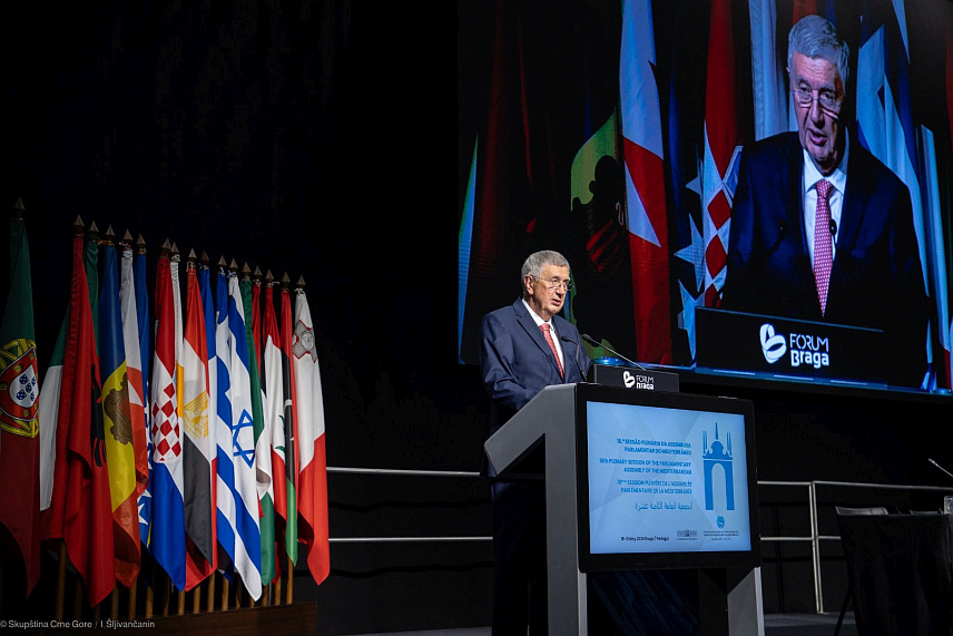 БРАГА, 16. МАЈА /СРНА/ - Предсједавајући Представничког дома Парламентарне скупштине БиХ Небојша Радмановић у обраћању учесницима 18. пленарне сједнице Парламентарне скупштине Медитерана, која се одржава у португалском граду Брага.