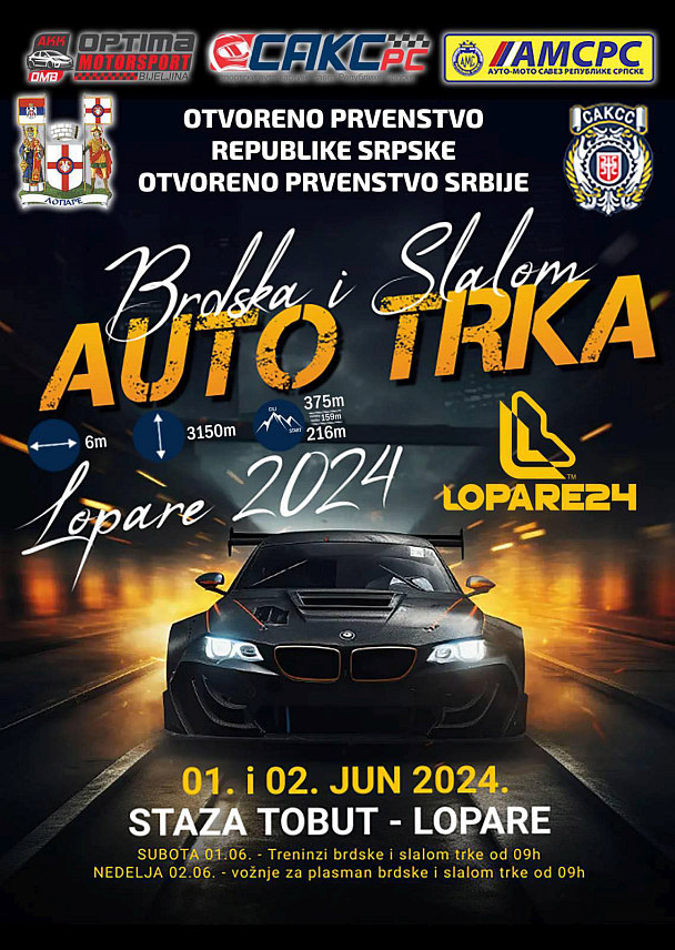ЛОПАРЕ, 29. МАЈА /СРНА/ - У Тобуту ће за викенд, 1. и 2. јуна, бити одржане ауто-трке, у оквиру Отвореног првенства Републике Српске и Отвореног првенства Републике Србије, на брдским стазама за Награду општине Лопаре.