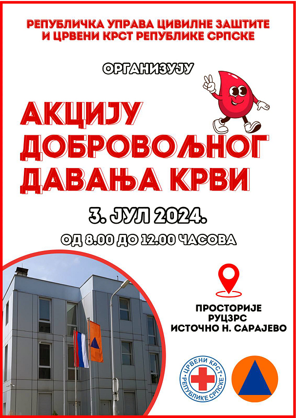 ПАЛЕ, 25. ЈУНА /СРНА/ - Црвени крст Републике Српске и Републичка управа Цивилне заштите организују 3. јула заједничку акцију добровољног давања крви.