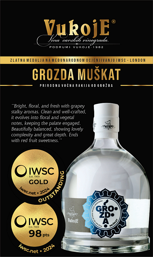 TРЕБИЊЕ, 5. ЈУНА /СРНА/ - "Грозда мушкат", сортна воћна ракија из требињског Подрума "Вукоје", освојила је златну медаљу на управо завршеном "Међународном оцјењивању вина и жестоких пића" /ИВСЦ/ у Лондону.