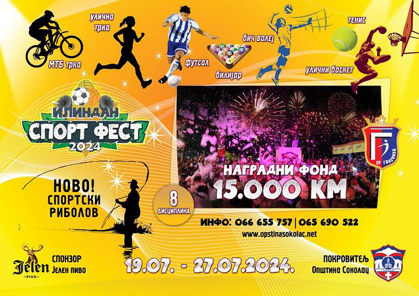 СОКОЛАЦ, 17. ЈУЛА /СРНА/ - На Сокоцу ће од 19. до 27. јула бити одржана традиционална спортско-забавна манифестација "Илиндан спорт фест 2024" на којој ће се учесници такмичити у осам дисциплина.