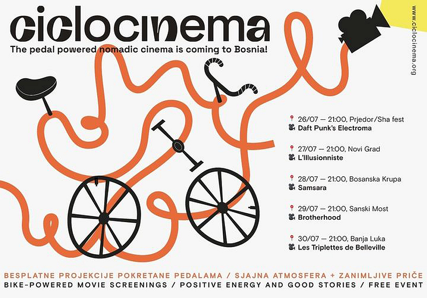 НОВИ ГРАД, 26. ЈУЛА /СРНА/ - У Новом Граду сутра ће бити организован циклокино, који окупља групу туриста из Италије који бициклом организују бесплатне пројекције филмова користећи енергију произведену окретањем педала.