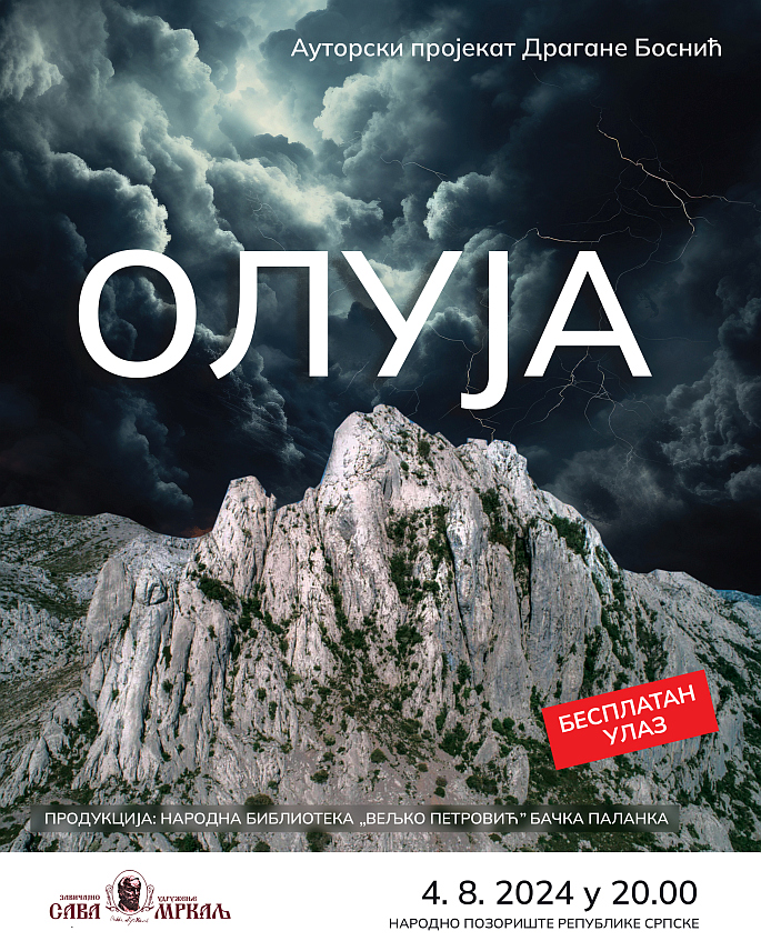 БАЊАЛУКА, 29. ЈУЛА /СРНА/ - Народно позориште Републике Српске угостиће у недјељу, 4. августа, чланове ансамбла из Бачке Паланке који ће одиграти представу "Олуја", насталу с циљем обиљежавања Погрома и протјеривање Срба из Републике Српске Крајине у хрватској војно-полицијској операцији "Олуја" од 4. до 7. августа 1995. године.