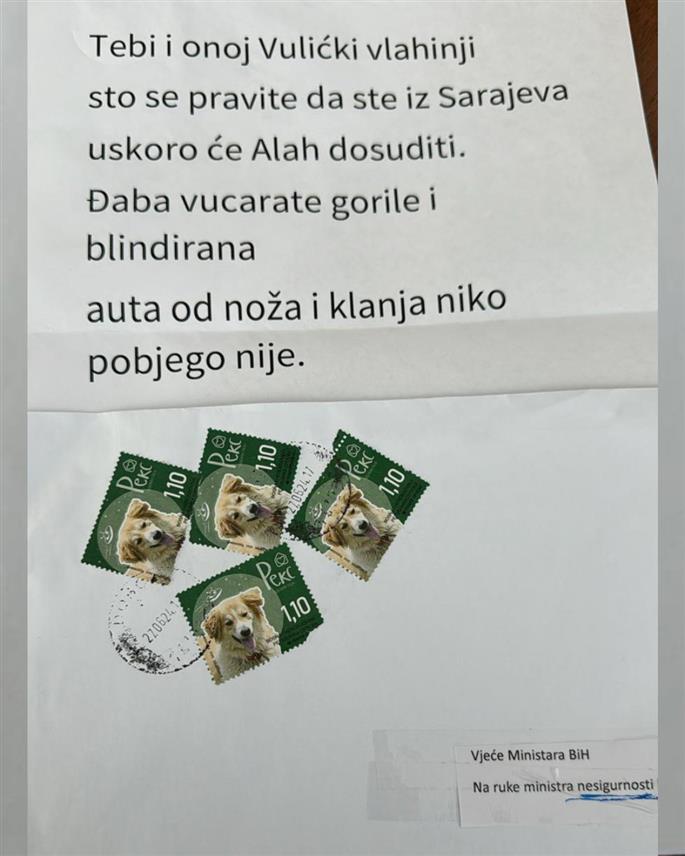САРАЈЕВО, 5. ЈУЛА /СРНА/ - На адресу Кабинета министра безбједности у Савјету министара Ненада Нешића данас је стигла још једна пријетећа порука упућена њему и шефу Клуба посланика СНСД-а у Представничком дому Парламентарне скупштине БиХ Сањи Вулић.