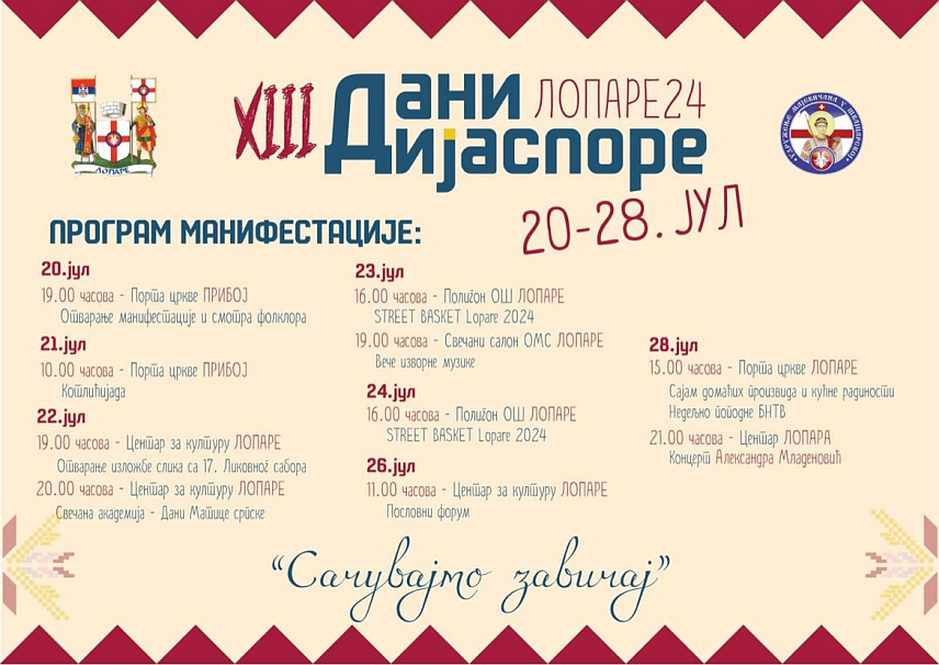 ЛОПАРЕ, 5. ЈУЛА /СРНА/ - Под покровитељством Удружења Мајевичана у Швајцарској и општине Лопаре од 20. до 28. јула биће одржани 13. "Дани дијаспоре" у овој локалној заједници у оквиру којих ће бити организован и Пословни форум 26. јула.