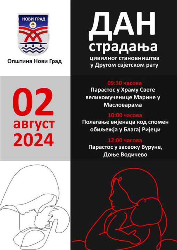 НОВИ ГРАД, 1. АВГУСТА /СРНА/ - У Новом Граду сутра ће бити обиљежен Дан страдања цивилног становништва ове општине у Другом свјетском рату, а тим поводом биће служени парастоси и положени вијенци код спомен-обиљежја у више насеља.