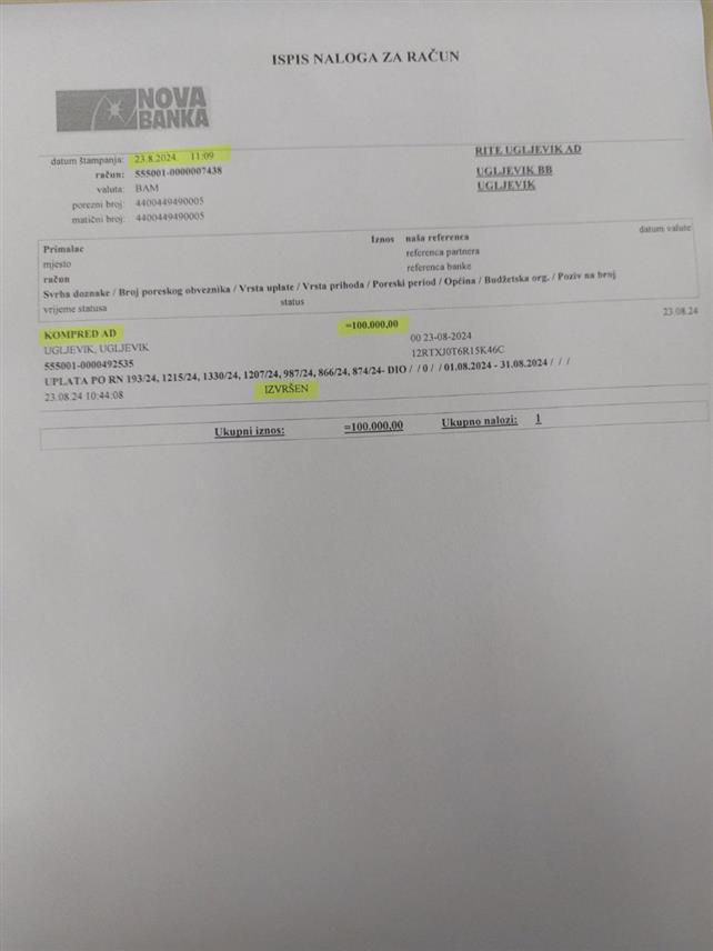 УГЉЕВИК, 23. АВГУСТА /СРНА/ - Управа Рудника и термоелектране /РиТЕ/ "Угљевик" саопштила је данас да су испунили обећање и уплатили 100.000 КМ дуговања локалном комуналном предузећу.