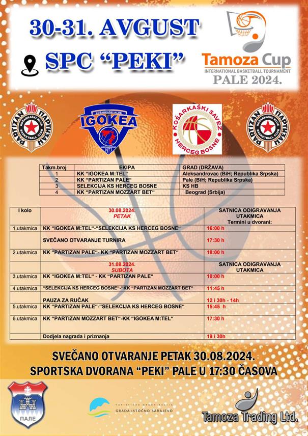 ПАЛЕ, 29. АВГУСТА /СРНА/ - На Палама ће сутра бити отворен Међународни кошаркашки турнир "Тамоза куп" на којем учествују четири кадетска кошаркашка клуба.