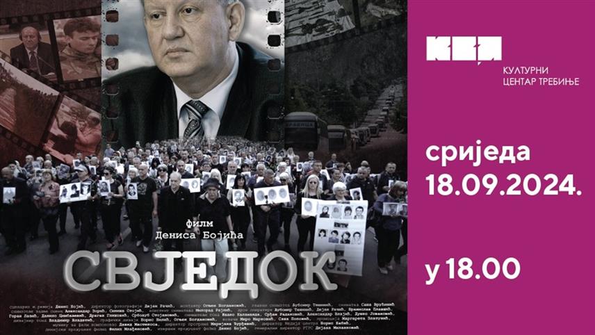TРЕБИЊЕ, 17. СЕПТЕМБРА /СРНА/ - У Tребињу ће сутра бити приказан документарни филм "Свједок" аутора Дениса Бојића који говори о страдању Срба током ратних дешавања деведестих година на простору бивше Југославије и раду патолога Зорана Станковића, који је из више од 50 масовних гробница обдуковао више од 7.500 жртава злочина.