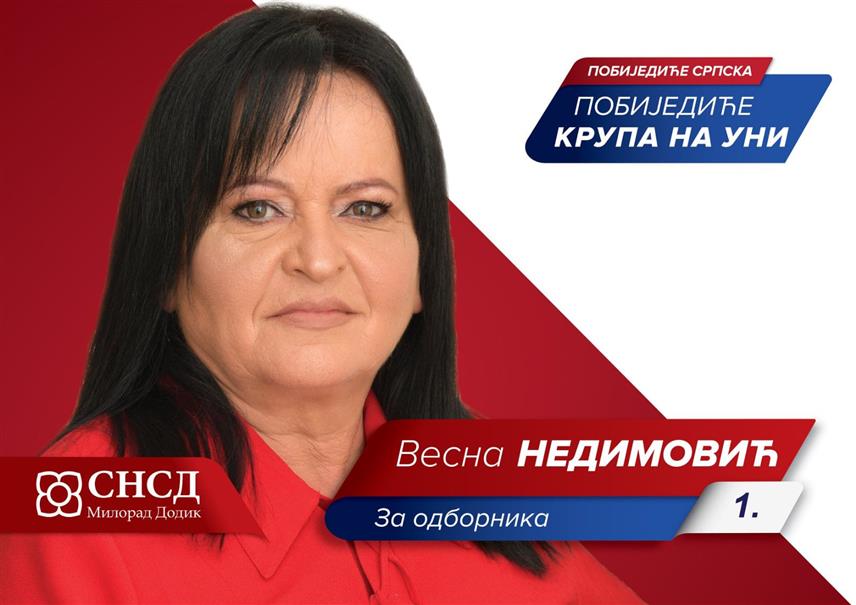 КРУПА НА УНИ, 21. СЕПТЕМБРА /СРНА/ - Носилац одборничке листе СНСД-а за општину Крупа на Уни Весна Недимовић.