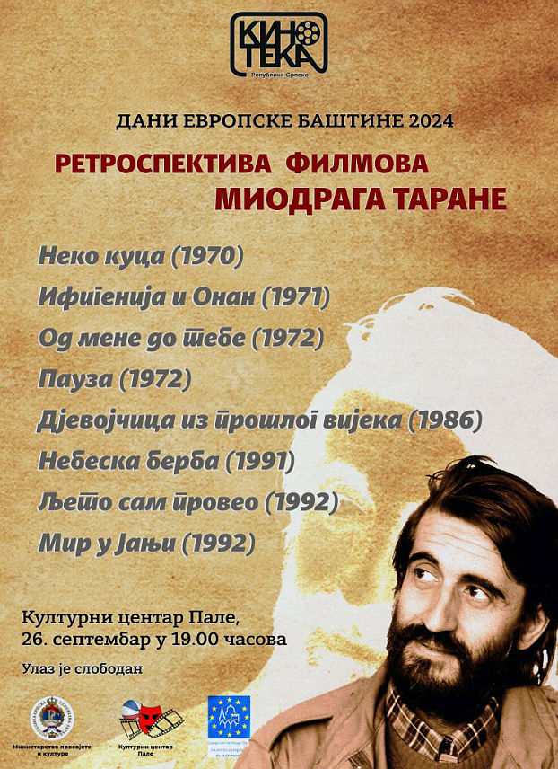 ПАЛЕ, 23. СЕПТЕМБРА /СРНА/ - Кинотека Републике Српске организоваће у четвртак, 26. септембра, на Палама ретроспективу филмова посвећених Миодрагу Тарани, пиониру филмске умјетности Српске, у оквиру које ће бити приказано осам филмова.